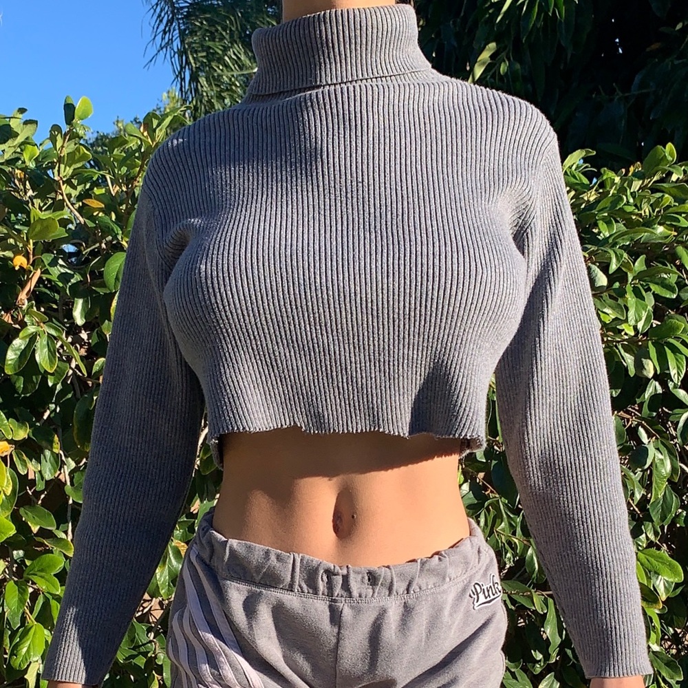 Grey Ribbed Cropped Turtle Neck